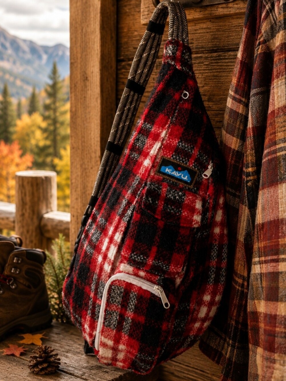 KAVU Plaid Rope Sling Bag Red Black White Fleece Crossbody Backpack Outdoor